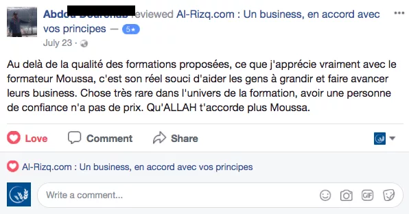 Voici un Avis sur les formations AL-RIZQ.COM