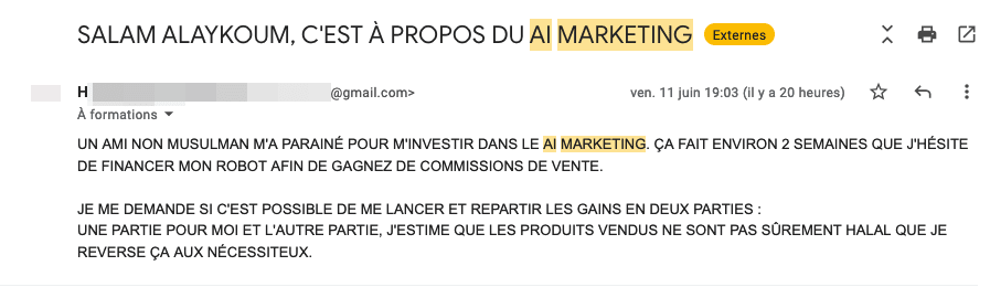 Question reçue d'un musulman qui se demande si AI MARKETING est halal